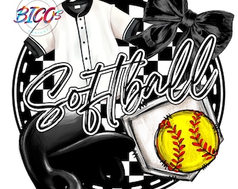 Op de afbeelding: Een zwart-wit geblokte cirkel met een zwarte strik, een wit baseballshirt, een zwarte baseballhelm, een softball en het woord "Softball" in zwarte letters.