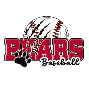 May include: A red and black baseball team logo with the word "BEARS" in a red block font and the word "Baseball" in a black cursive font. A baseball with black claw marks is behind the word "BEARS". A black paw print is to the left of the word "BEARS".
