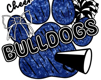 Può includere: Un'impronta di zampa blu con glitter con la parola "Cheer" e "BULLDOGS" in testo nero. Un pompon bianco e nero e un megafono nero sono inclusi anche nel design.