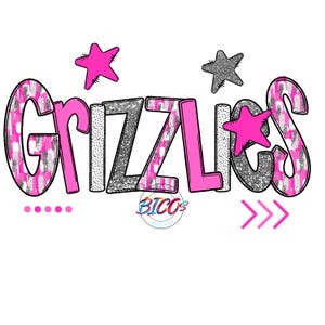 May include: Pink and silver glitter "Grizzlies" text with two pink and one silver star. The text is in a bold, outlined font.
