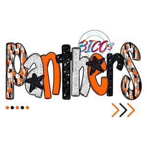 Pode incluir: Design gráfico laranja, preto e branco com a palavra "Panthers" em uma fonte em negrito e estilizada. O design inclui estrelas pretas e um círculo pequeno com a palavra "BICOS" dentro.
