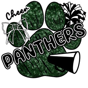 May include: Green glitter paw print with the word "Cheer" and "Panthers" in black text. A black and white pom-pom and a black megaphone are also included in the design.