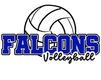 May include: A blue and white volleyball graphic with the text "FALCONS Volleyball" in a blue block font.