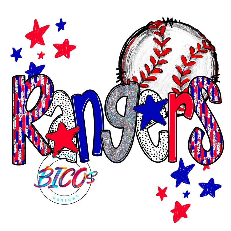 Pu&ograve; includere: Un design a tema baseball rosso, bianco e blu con la parola "Rangers" in un font scintillante. Il design include una palla da baseball, stelle e strisce.