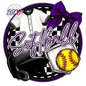 May include: A purple and black softball design with a baseball jersey, a catcher's mask, a softball and a bat. The design is on a checkered background with the word "Softball" in purple.