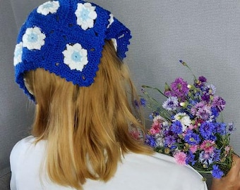PATRÓN DIADEMA BANDANA Bandana hecha con cuadrados de la abuela Patrón de crochet para bandana Cuadrado de la abuela con flores