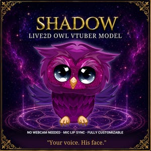 Puede incluir: Una ilustración digital de un personaje de búho morado etiquetado como SHADOW LIVE2D OWL VTUBER MODEL. El búho tiene ojos grandes y oscuros, un pico amarillo y garras de color canela. El texto incluye NO WEBCAM NEEDED, MIC LIP SYNC, FULLY CUSTOMIZABLE y Your voice. His face.