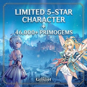 Puede incluir: Un gráfico digital con el texto LIMITED 5-STAR CHARACTER + 46,000+ PRIMOGEMS y el logo de Genshin Impact. Dos personajes de estilo anime aparecen frente a un paisaje montañoso nevado con un castillo, uno con cabello azul y otro con cabello rubio.