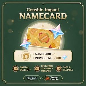May include: A Genshin Impact namecard digital item featuring a burger and fries graphic, accompanied by two blue star-shaped crystals. The text reads Genshin Impact NAMECARD, NAMECARD x 1, PRIMOGEMS x 100, DIGITAL DELIVERY, DELIVERED VIA DIRECT MESSAGE, SAFE & RELIABLE, and Vkusno i tochka.