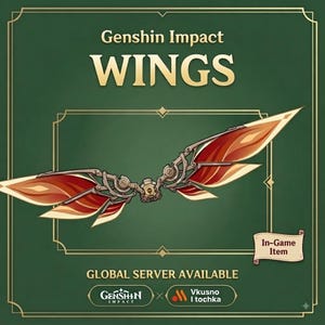 May include: A pair of mechanical wings with red and cream-coloured panels and a metallic frame. The image features the text Genshin Impact WINGS, In-Game Item, GLOBAL SERVER AVAILABLE, and logos for Genshin Impact and Vkusno I tochka on a green background.