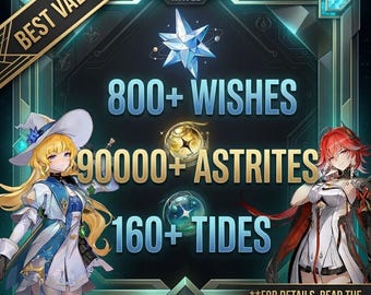 May include: A Wuthering Waves promotional graphic featuring two anime-style characters, a blue star icon, and text reading 800+ WISHES, 90000+ ASTRITES, and 160+ TIDES. The design includes a BEST VALUE banner and a note to read the full description.