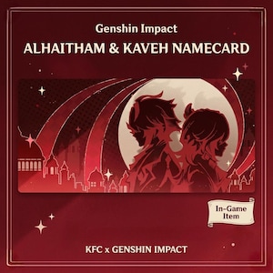 Peut inclure: Une carte de nom rectangulaire Genshin Impact Alhaitham & Kaveh avec un fond rouge foncé et les silhouettes de deux personnages devant une grande lune et une ville. Le texte indique Genshin Impact, ALHAITHAM & KAVEH NAMECARD, In-Game Item, et KFC x GENSHIN IMPACT.