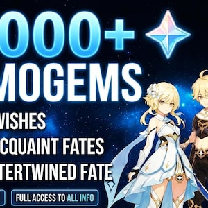 May include: Promotional image for a game with characters and text. The text includes "60000+ PRIMOGEMS", "650+ WISHES", "123+ ACQUAINT FATES", and "64+ INTERTWINED FATE". There is a "READ DESCRIPTION" button.