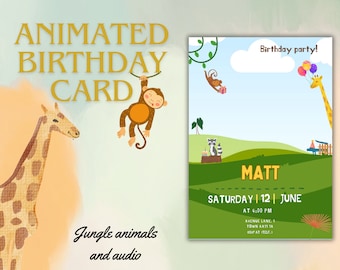 Redigerbar vild animerad födelsedag, elektronisk, födelsedags-e-kortvideo mobiltelefon, anpassa mall för barn digital safari, djungeldjur