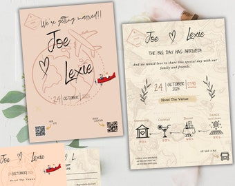 Mall för destinationsbröllopsinbjudan, redigerbar världskarta, bröllopsset utomlands resor äventyr, bröllopsinbjudan för resekarta,