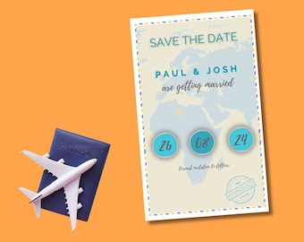 Spara datumet bröllop utomlands, mall för digitala spara datum-kort, bröllop utomlands, spara datumet för resor, strandbröllop, karta över resmålet