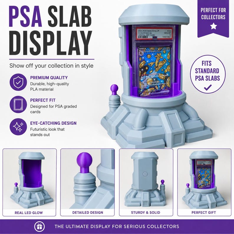 May include: A light gray PSA slab display with purple accents, designed to showcase graded cards. The display features the text "PSA SLAB DISPLAY" and "Show off your collection in style". It is designed for serious collectors.
