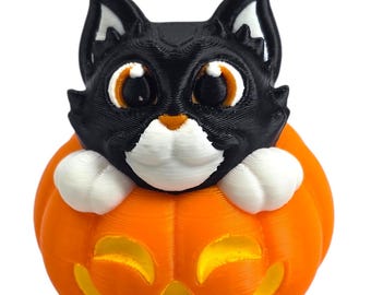 3D Printed Cat in Pumpkin Figurine | Kawaii Halloween Jack O Lantern Decor