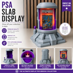 May include: A gray PSA slab display with a futuristic design, featuring a purple interior and LED lighting. The display is designed to showcase graded cards and has the text "PSA Slab Display" on the front.