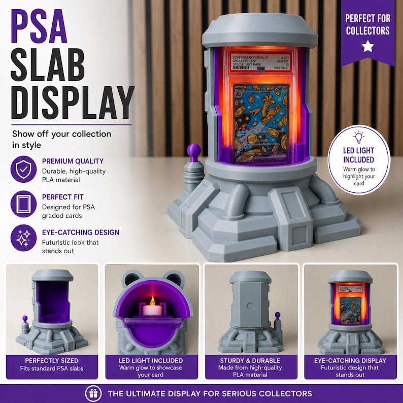 May include: A gray PSA slab display with a futuristic design, featuring a purple interior and LED lighting. The display is designed to showcase graded cards and has the text "PSA Slab Display" on the front.