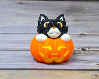 3D Printed Cat in Pumpkin: Halloween Jack-o'-lantern Figurine - Etsy
