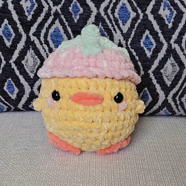 Crochet Chick/Duck Plushie with a Strawberry Hat