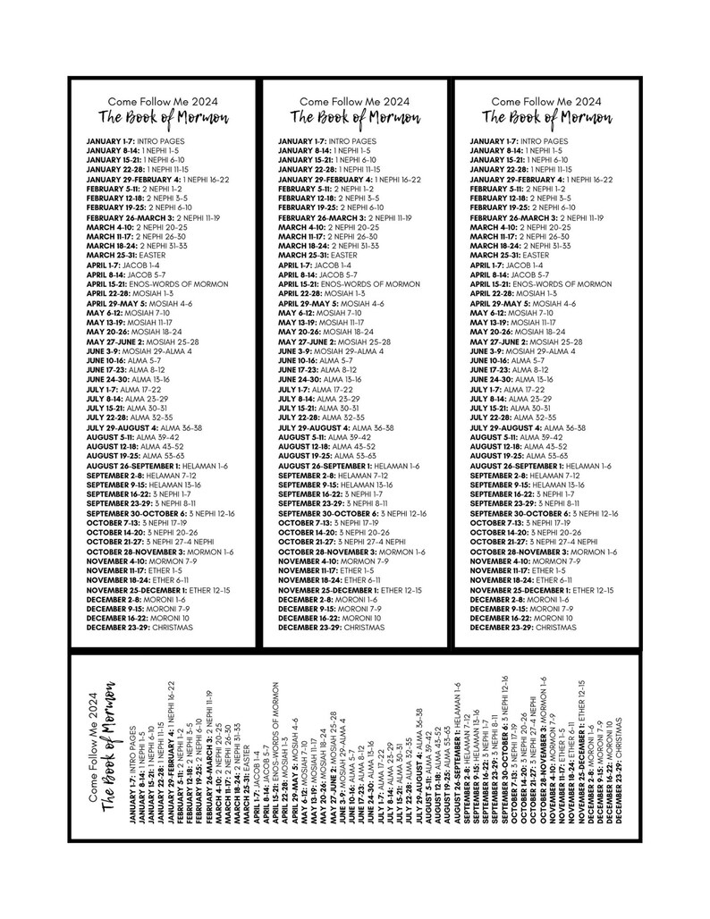 Printable Come Follow Me 2024 Reading Schedule Bookmark B&W Etsy
