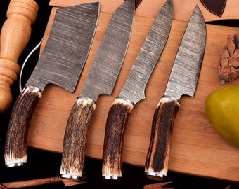 Handmade kitchen knives 4 piece Chef knives set, Hand Forge chef knives,  Antler knives Set , best gift, Anniversary Gift,Christmas Gift