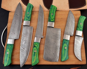 Handmade 5 pcs Damascus Steel Blade With Green Wood Handle Kitchen Knives Set BBQ Knives Birthday Gift For Him Anniversary Gift,Easter Gift