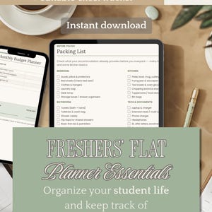 May include: A 17-page printable and editable PDF planner and Excel tracker titled Planned Life. The document displays a packing list for bedroom, kitchen, bathroom, and tech items. The text reads Freshers' Flat Planner Essentials.