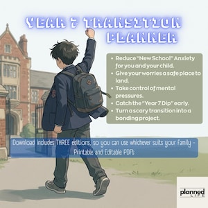 Könnte beinhalten: Ein Year 7 Transition Planner als digitales Dokument mit einer Illustration eines Schülers in dunklem Blazer und Rucksack vor einem Schulgebäude. Der Text nennt Vorteile zur Angstreduzierung und drei druckbare sowie bearbeitbare PDF-Editionen.