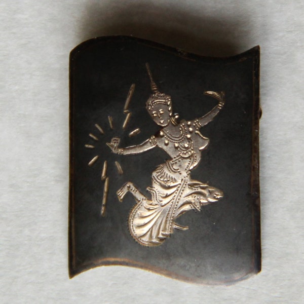 Vintage Siam Sterling Silver Niello Brooch Pin Made in Thailand Mekkala Goddess of Lightening Valentine Mom Daughter Grandma Gift
