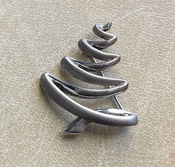 Sterling Silver Christmas Tree Ribbon Pin Brooch … - image 1