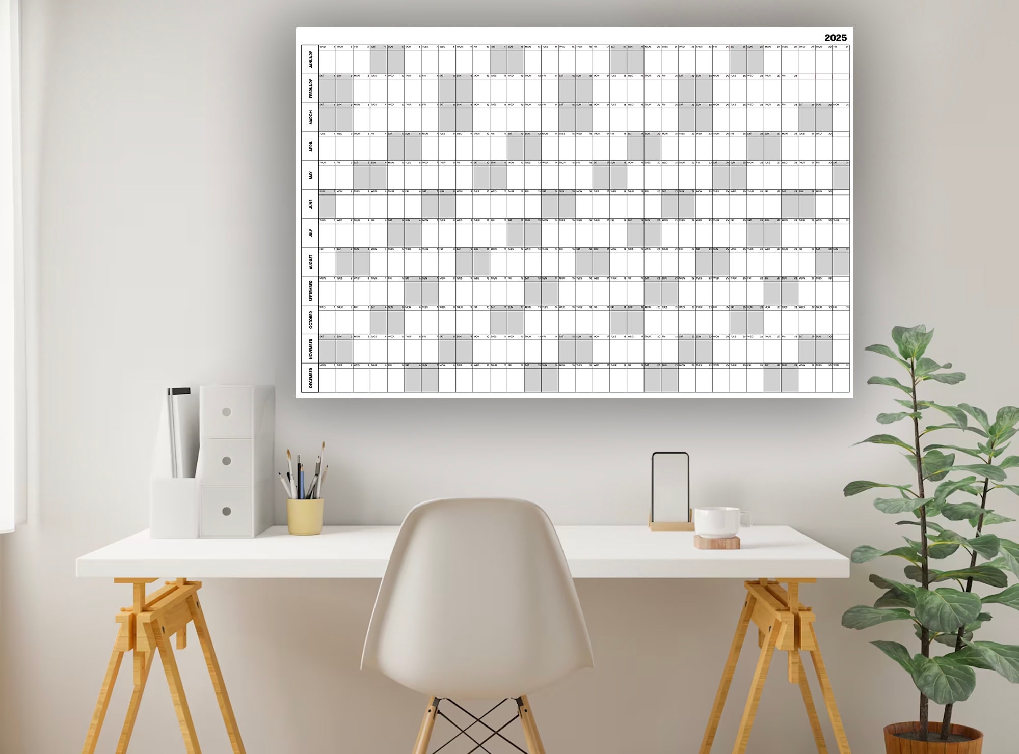 2025! Big Calendar - Giant Wall or Desk 24 x 26" (2/3 Ratio) Black & White - Digital File PDF