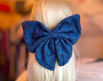 Barrettes noeud - Dentelle Bleu marin - Fais main