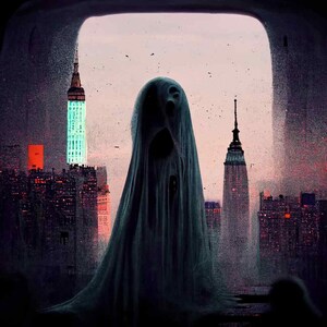 May include: A ghostly figure in a white sheet stands in front of a city skyline at dusk. The figure is facing the viewer with its mouth open in a scream. The city skyline is made up of tall buildings, including a skyscraper with a pointed top.