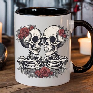 till death mug, skeleton couple mug, gothic mug gift, romantic skeletons mug, anniversary gift gothic, skull and roses mug, valentine mug