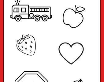 May include: A black and white line drawing of a red crayon, fire truck, apple, strawberry, heart, stop sign, and cherries. The word "RED" is written on the crayon.