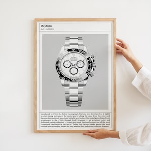 Könnte beinhalten: Ein gerahmter Kunstdruck mit einer detaillierten Illustration einer silbernen Rolex Cosmograph Daytona Uhr mit weißem Zifferblatt und schwarzer Lünette. Der Text oben lautet Daytona Ref. 126500LN, gefolgt von einem Absatz zur Geschichte der Uhr.