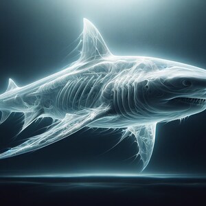 May include: A digital illustration of a shark rendered in a glowing, ethereal style. The shark's form is defined by bright, white lines against a dark blue background, creating a ghostly appearance. The image highlights the shark's skeletal structure.