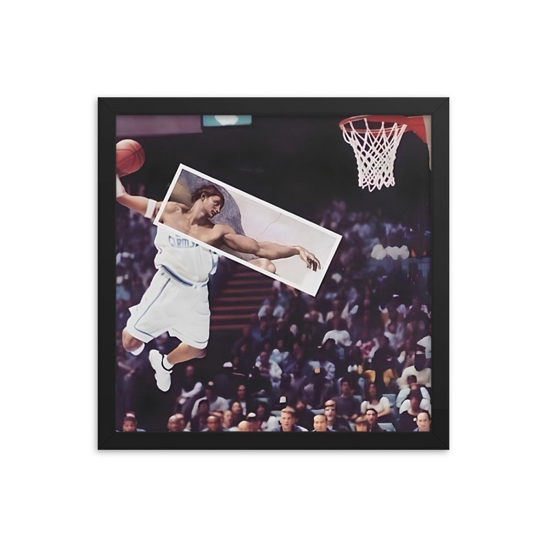 Hypebeast Basketball Poster, Man Reaching for God Art X NBA Dunk Photomontage, Classic Art
