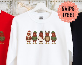 Chicken Christmas Sweatshirt, Chickens in Costume Hoodie, Winter Chicken Lady Gift; Holiday Hens Sweatshirt, add custom sleeve