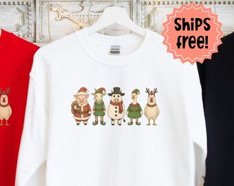 Farm Animal Christmas Sweatshirt, Farm Animals in Costume Hoodie, Holiday Pig, Goat, Cow, Goose & Chicken; Winter Farmer, add custom sleeve