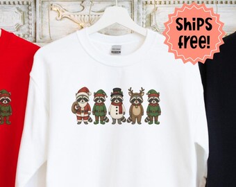 Raccoon Christmas Sweatshirt, Raccoons in Costume Hoodie, Winter Trash Panda Lover Gift; Holiday Raccoons Sweatshirt, add custom sleeve