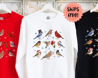 Winter Bird Sweatshirt, American Birds Christmas Hoodie, Vintage Vibe Bird Watcher Sweatshirt, Bird Lover Gift; add custom sleeve