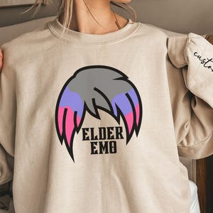 Elder Emo Gildan Crewneck Sweatshirt, Custom Sleeve Option, Funny Retro Emo Unisex Sweatshirt for Men & Women, Nostalgic Goth Gift