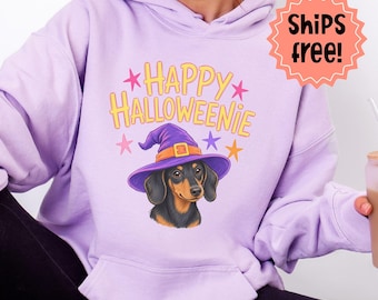 Dachshund Halloween Sweatshirt, Happy Halloweenie Hoodie; Trendy Fall Doxie Sweatshirt, Fall Weiner Dog Hoodie; add custom sleeve