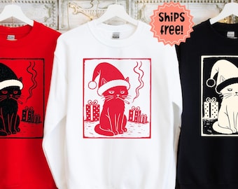 Black Cat Smoking Christmas Sweatshirt, Lino Cut Style Santa Cat with Cigarette Hoodie, Holiday Cat Lover Gift; add custom sleeve