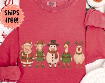 Farm Animal Christmas T-Shirt, Farm Animals in Costume Comfort Colors Tee, Holiday Pig, Goat, Cow, Goose & Chicken; Winter Farmer Gift