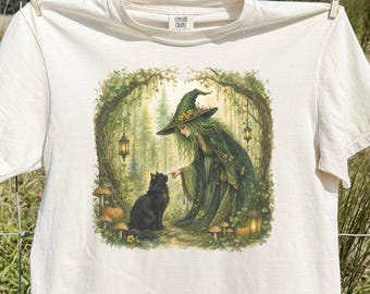 Woodland Witch with Black Cat Shirt, Cottagecore Halloween & Fall Lover Gift, Black Kitty Nose Boop Comfort Colors Tee